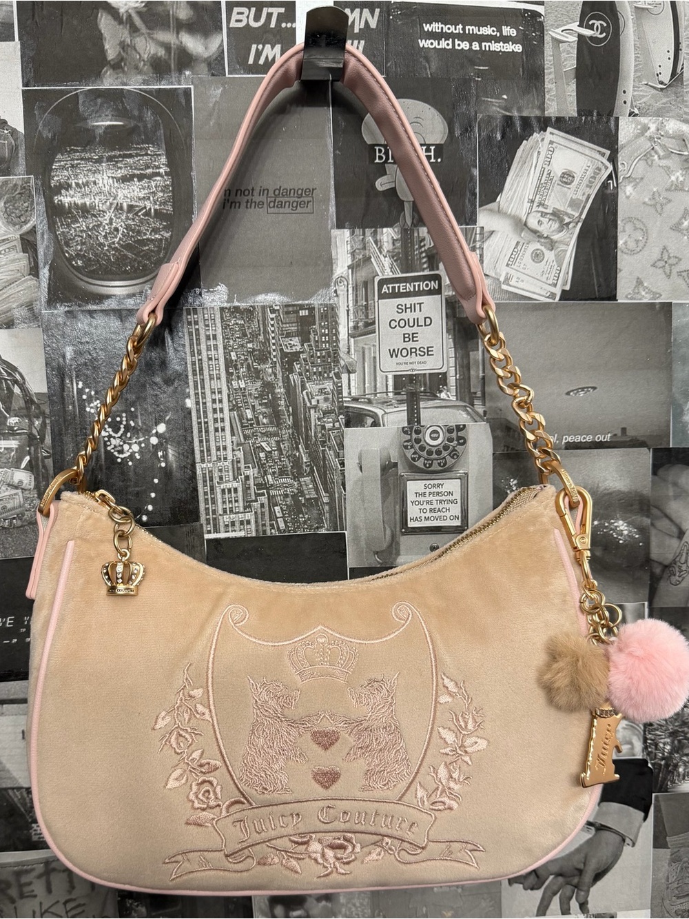 Juicy Couture Blush Pink Suede Shoulder Bag with Pom Charm
